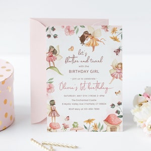 Pode incluir: Um convite rosa e branco com um design floral e fadas. O texto diz "let's flutter and twirl with the birthday girl - join us to celebrate - Olivia's 1st birthday. Saturday, May 5th | From 2-4pm The Enchanted Castle 8 Mystic Valley Ave | Fairfield, CT 06824 RSVP Mary at 123-456-7890"