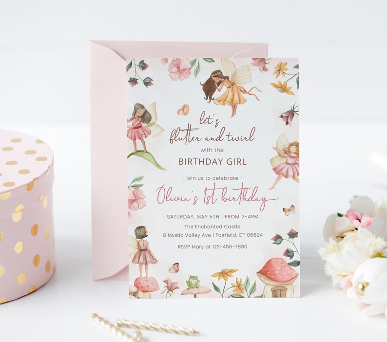 Pode incluir: Um convite rosa e branco com um design floral e fadas. O texto diz "let's flutter and twirl with the birthday girl - join us to celebrate - Olivia's 1st birthday. Saturday, May 5th | From 2-4pm The Enchanted Castle 8 Mystic Valley Ave | Fairfield, CT 06824 RSVP Mary at 123-456-7890"