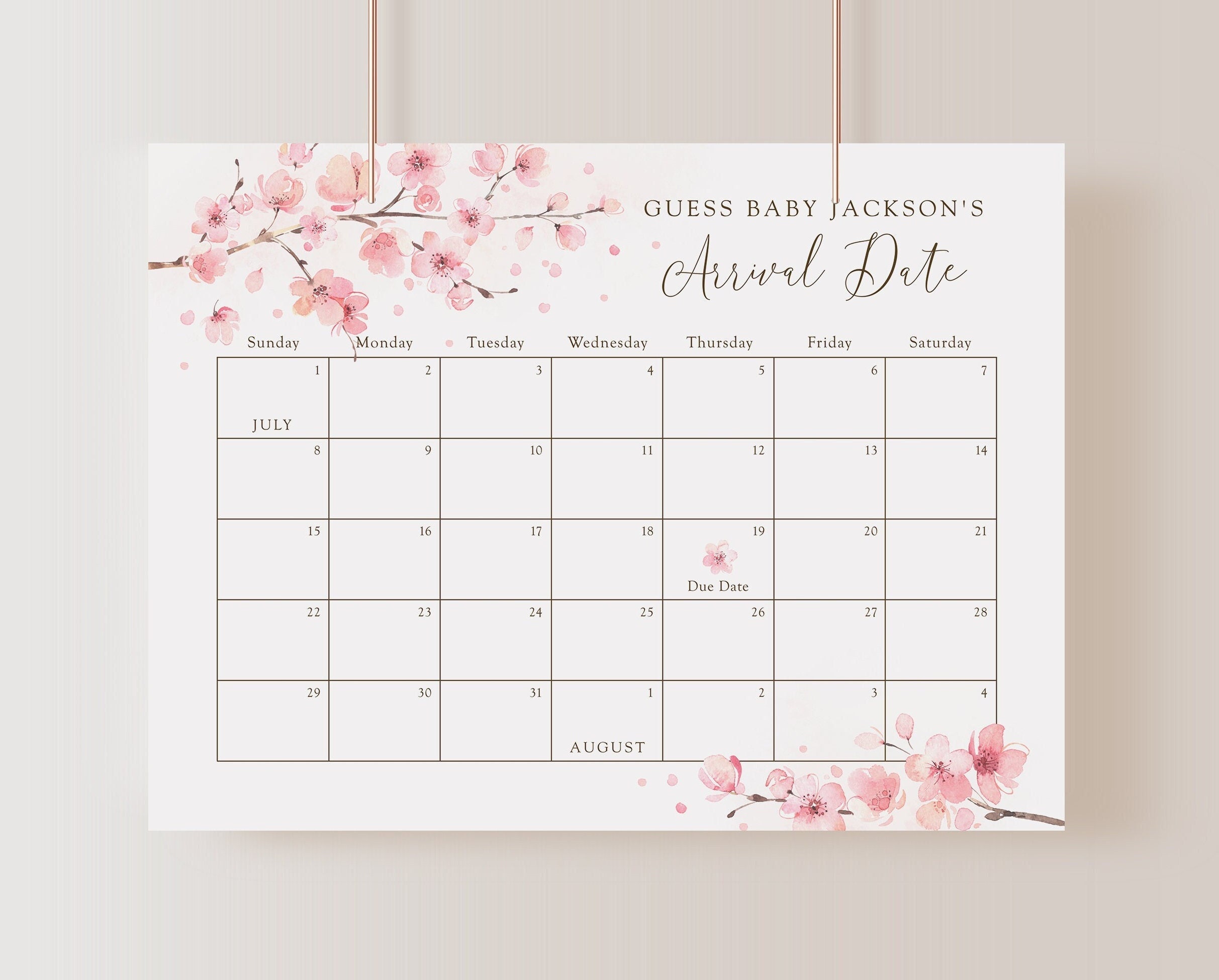 桜の出産予定日カレンダーゲーム、編集可能なピンクの桜が赤ちゃんの