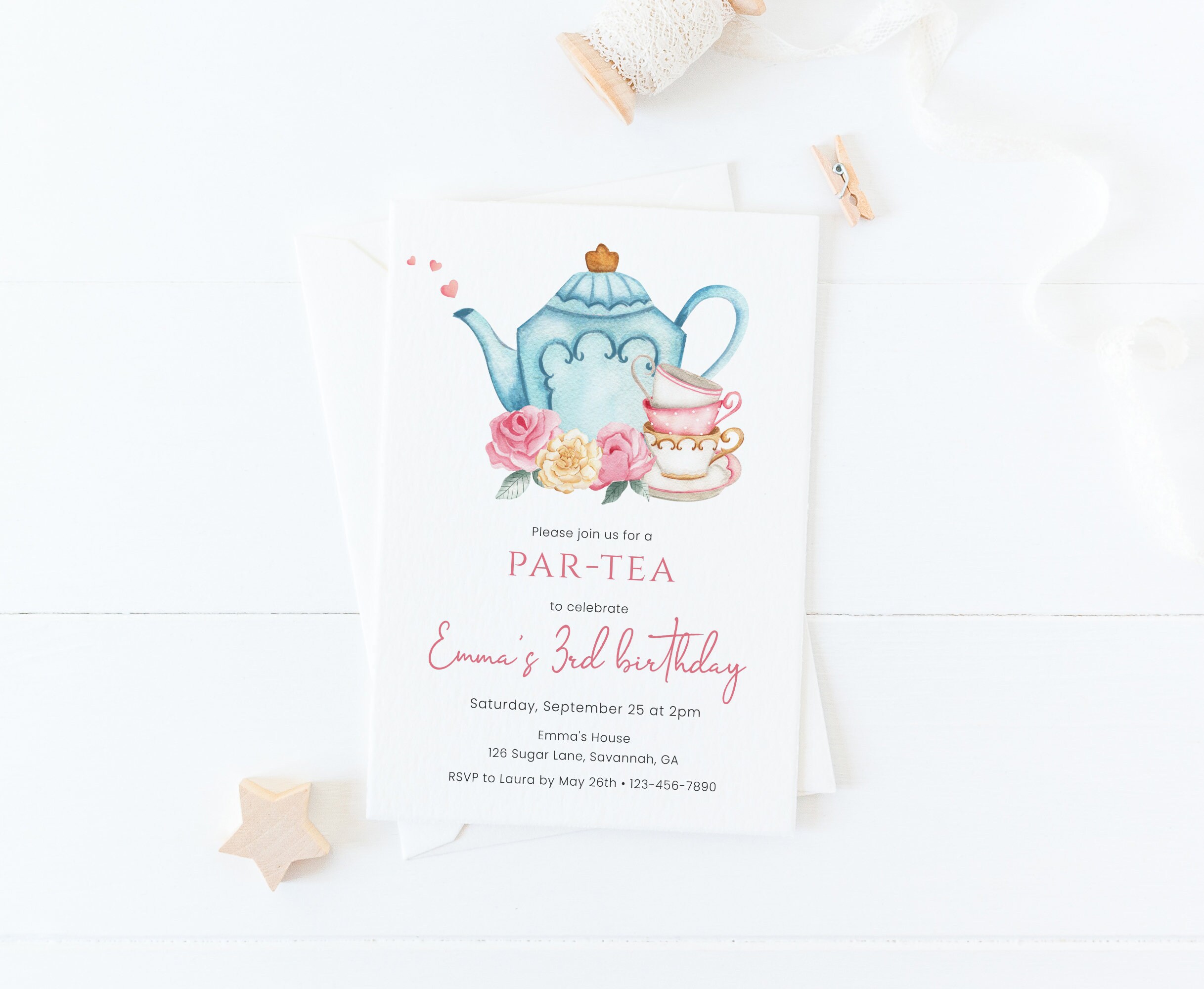Tea Party Birthday Invitation, Editable Girl Tea Party Invite