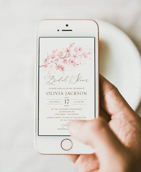 Cherry blossom phone evite, editable sakura bridal shower electronic invite, mobile digital text message invitation template, Corjl, SAK02