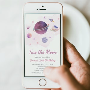 Two the moon birthday phone evite, editable pink pastel outer space planet girl 2nd birthday electronic mobile text invite, Corjl, TTM01