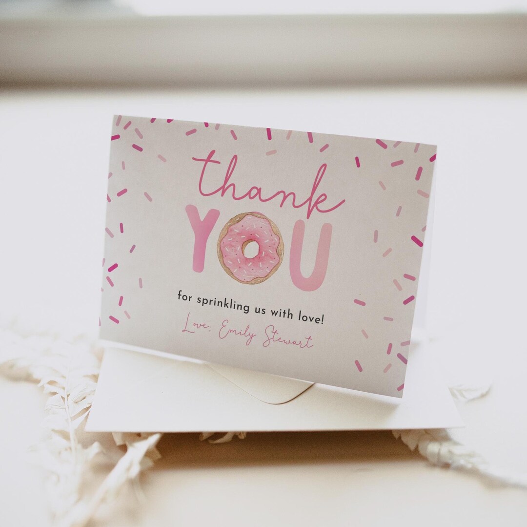 Editable Sprinkle Thank You Card, Girl Pink Donut Sprinkles Baby
