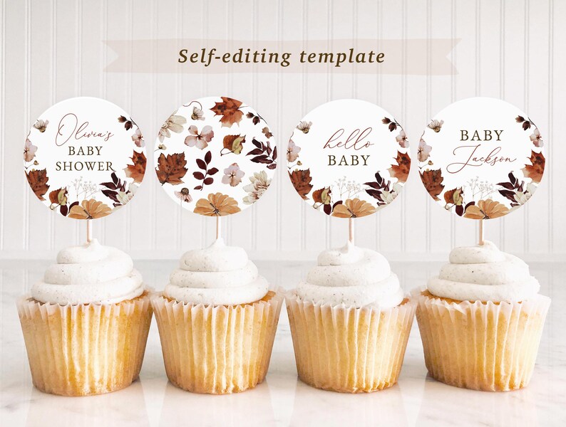 Fall Floral Cupcake Topper Template, Editable Autumn Pumpkin Baby