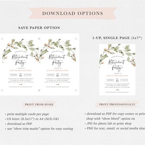 May include: Printable retirement party invitation template with a green and peach floral design. The invitation says "Retirement Party" in a script font and includes the name "Judith Brookstone". The invitation also includes the date, time, and location of the party. The template is available in two sizes: 8.5x11 inches and 5x7 inches.