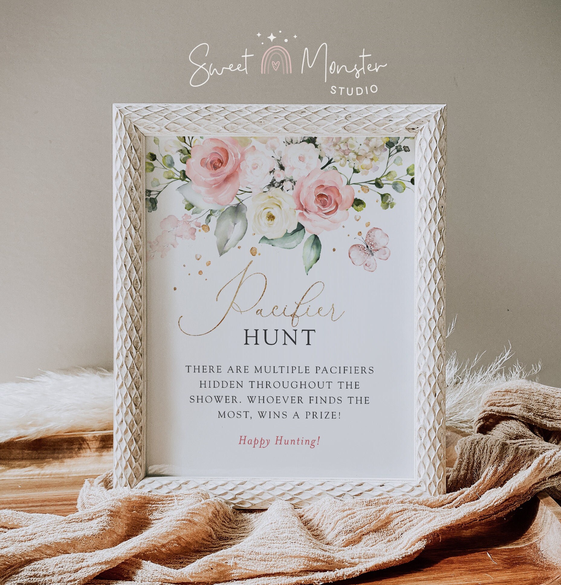 Pacifier Hunt Game Sign, Editable Blush Pink Floral Baby Shower Game ...