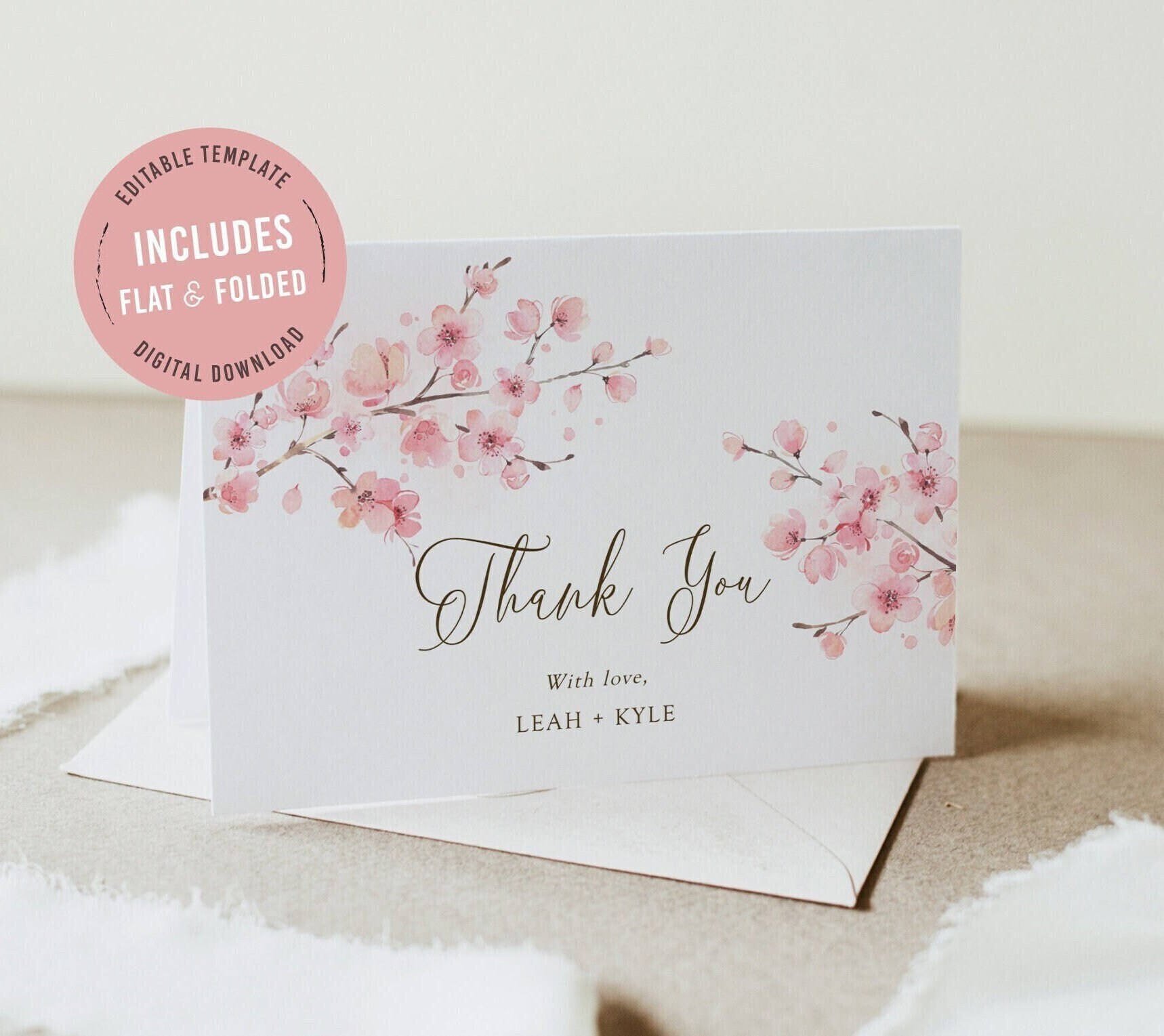 Spring sakura cherry blossom thank you card, editable watercolor pink floral thank you note, instant download, Corjl, SAK01