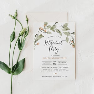 May include: A watercolor floral design retirement party invitation with green leaves and peach flowers. The invitation reads "Please join us for a Retirement Party in honor of Judith Brookstone. Saturday, September 25 at 11:30 AM. Victory Hall at Turner's Restaurant, 35 Laurel Dr, Aspen, Colorado. RSVP to Jane by August 1st at 123-456-7890. We look forward to celebrating with you!"