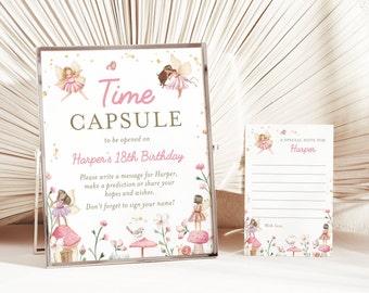 Editable fairy birthday time capsule sign and message card, fairy time capsule template, enchanted fairy garden party activity, FAIRY02