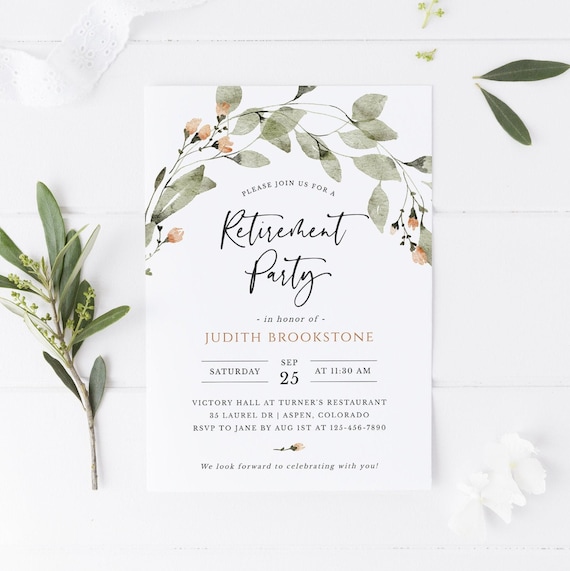 Retirement Party Invitation, Olive Wreath Retirement Invite, Editable Olive Greenery Retirement Party Celebration Invite