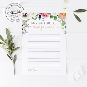 Consejos editables de jardín floral para la tarjeta de nuevos padres, consejos para la tarjeta de futuros padres, plantilla de juego de baby shower imprimible, Corjl, BIB01