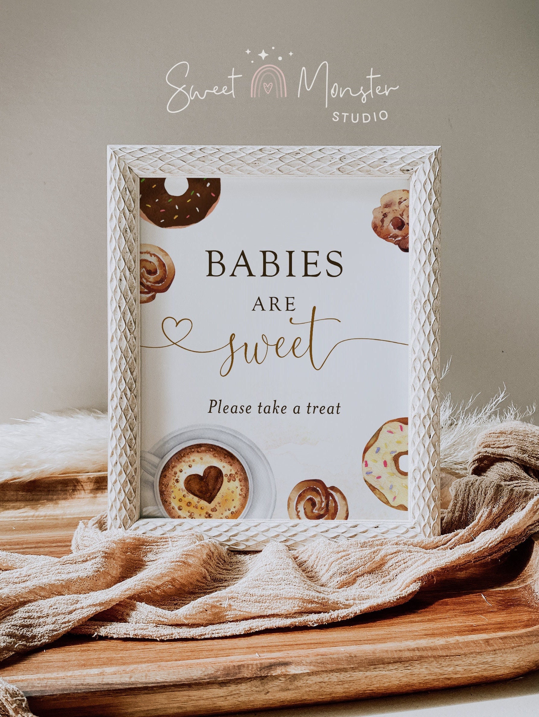 Editable coffee babies are sweet please take a treat sign, gender neutral something sweet is brewing baby shower favors table sign, SWT03