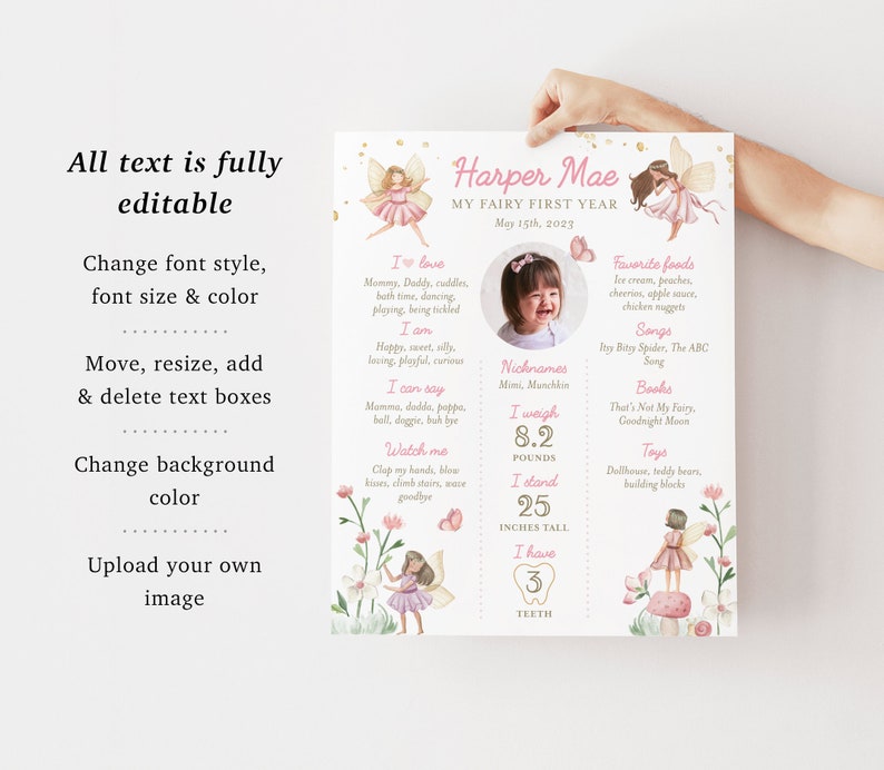 Fairy First Birthday Milestone Board Template, Editable Enchanted ...