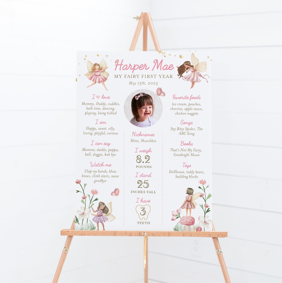 Fairy First Birthday Milestone Board Template, Editable Enchanted ...