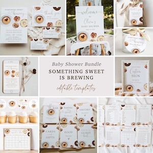 Something sweet is brewing baby shower bundle,  editable gender neutral coffee donut party suite, invitation set template, Corjl, SWT03