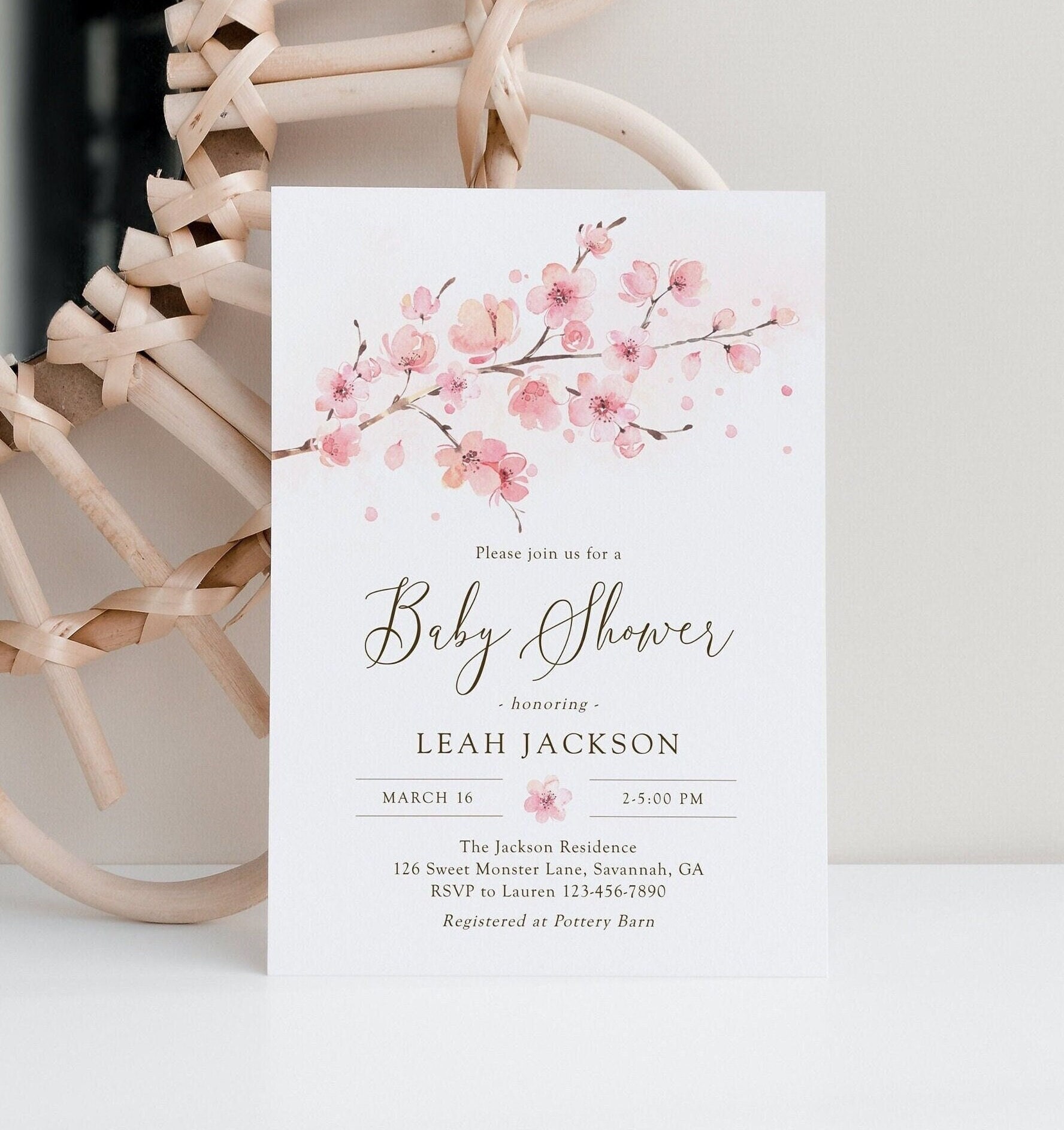 逆輸入 Baby Spring Shower Cherry Sakura Editable Invitation, 時計