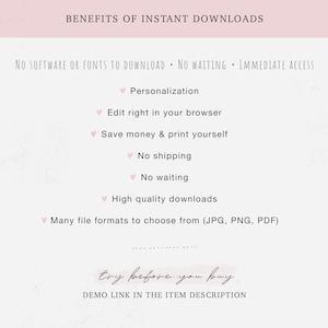 Pode incluir: Benef&iacute;cios de downloads instant&acirc;neos: N&atilde;o precisa de software ou fontes para baixar, sem espera, acesso imediato. Personaliza&ccedil;&atilde;o, edite diretamente no seu navegador, economize dinheiro e imprima voc&ecirc; mesmo, sem envio, sem espera, downloads de alta qualidade, muitos formatos de arquivo para escolher (JPG, PNG, PDF). Experimente antes de comprar. Link de demonstra&ccedil;&atilde;o na descri&ccedil;&atilde;o do item.