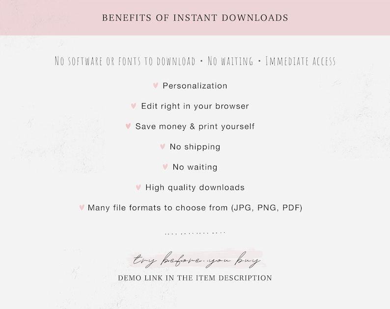 Pode incluir: Benef&iacute;cios de downloads instant&acirc;neos: N&atilde;o precisa de software ou fontes para baixar, sem espera, acesso imediato. Personaliza&ccedil;&atilde;o, edite diretamente no seu navegador, economize dinheiro e imprima voc&ecirc; mesmo, sem envio, sem espera, downloads de alta qualidade, muitos formatos de arquivo para escolher (JPG, PNG, PDF). Experimente antes de comprar. Link de demonstra&ccedil;&atilde;o na descri&ccedil;&atilde;o do item.