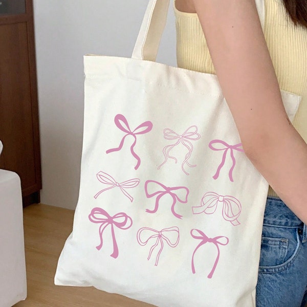 Pink Bow Cotton Canvas Tote Bag // Trendy Coquette Tote Bag // Sustainable Farmer's Market Tote // Reusable Grocery Bag