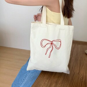 Red Bow Cotton Canvas Tote Bag // Trendy Coquette Tote Bag // Sustainable Farmer&#39;s Market Tote // Reusable Grocery Bag