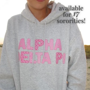 Patch Sorority Hoodie // Rosa Patches Gedruckt Sorority Kapuzenpullover // Ästhetischer Patchwork Hoodie // Griechisches Hoodie, trendiges Sweatshirt