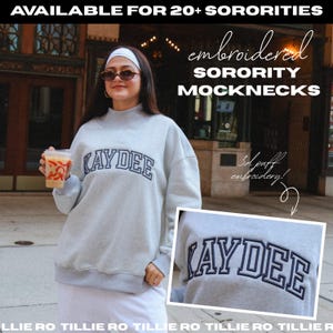Sorority Embroidered Mockneck // Ash Grey Embroidered Sorority Mockneck, Crewneck // Trendy, Embroidered Varsity Greek Mockneck
