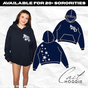 May include: Navy blue hoodie with white star accents and the text "AD" and "ADPi". The image also shows a hoodie design with star graphics and the text "Cait Hoodie". Available for 20+ sororities.