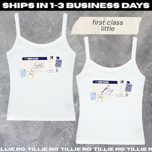 May include: Two white tank tops with thin straps. One top has the word "little" and the other has the word "big" written on them. Both tops have a travel-themed design with airplane and ticket graphics.