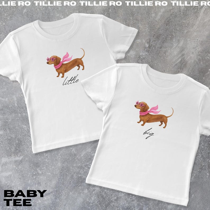 May include: Two white baby tees featuring a watercolor dachshund wearing pink sunglasses and a scarf. One shirt says "little" and the other says "big". The text "BABY TEE" is at the bottom left.