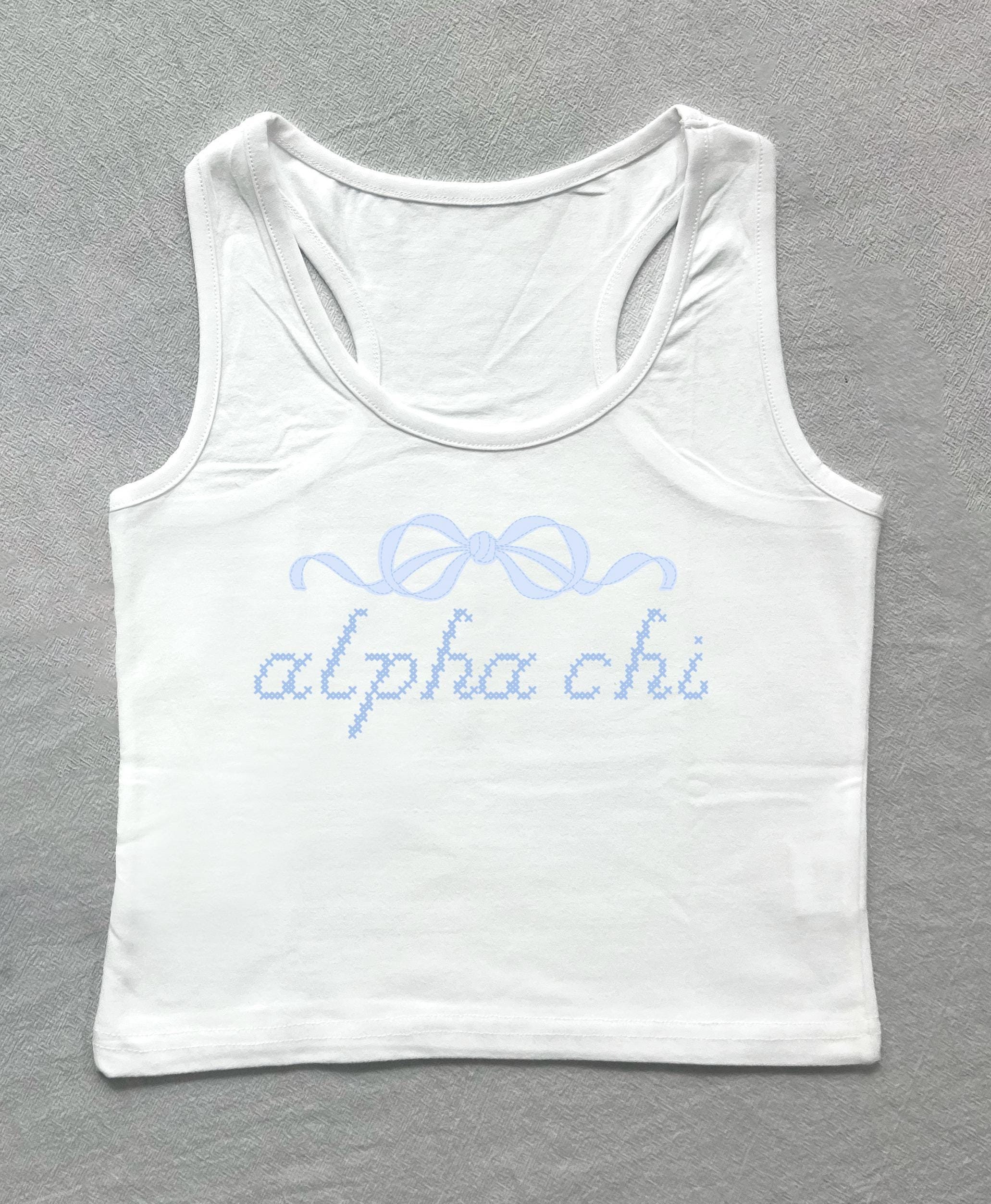 Alpha Chi Omega Cross Stitch Crop Tank // AChiO, Alpha Chi Bid Day, Big Little Shirt // Tied Together With a Bow // Sorority Shirt
