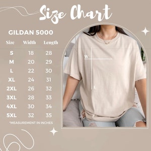 Op de afbeelding: Maattabel voor Gildan 5000 T-shirts, met de breedte- en lengtemaat in inches voor maten S tot en met 5XL.