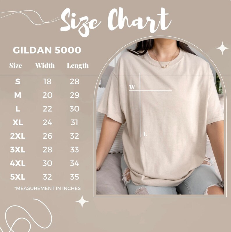 Op de afbeelding: Maattabel voor Gildan 5000 T-shirts, met de breedte- en lengtemaat in inches voor maten S tot en met 5XL.