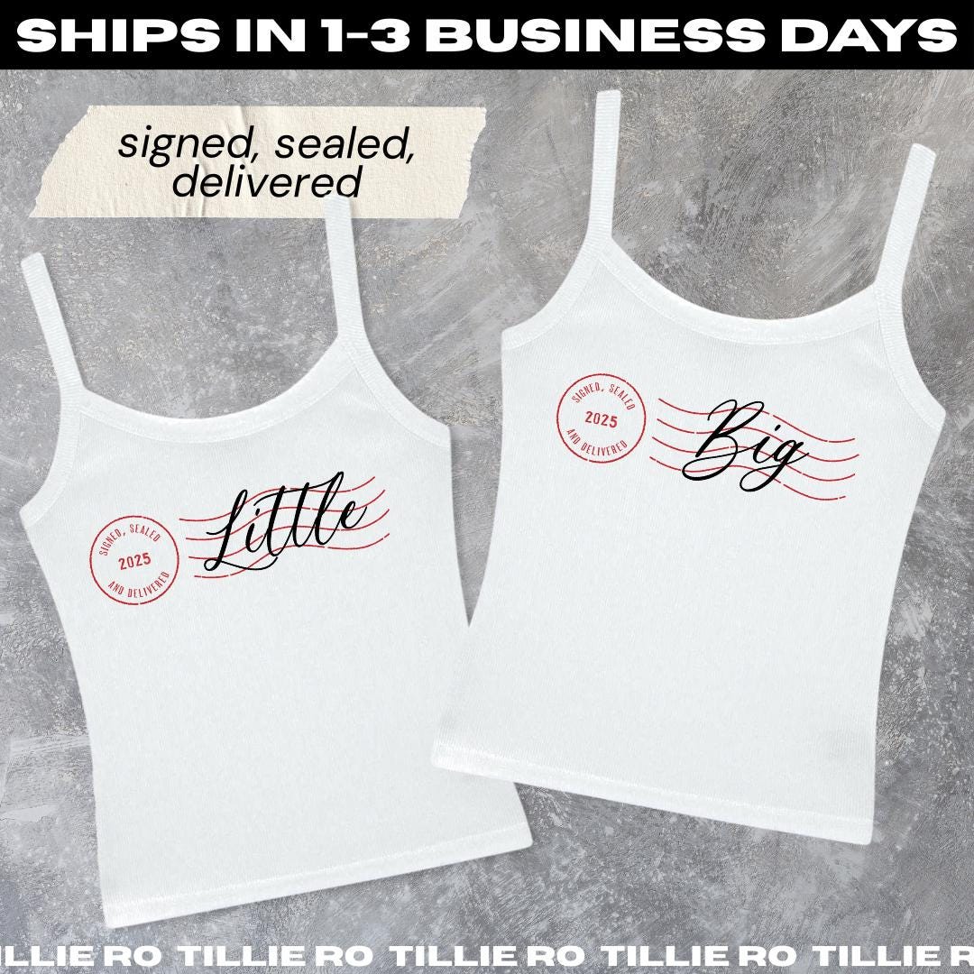 Signed, Sealed, and Delivered Big & Little Reveal // Stamped Sorority Reveal Shirts // Aesthetic Big Little Baby Tees
