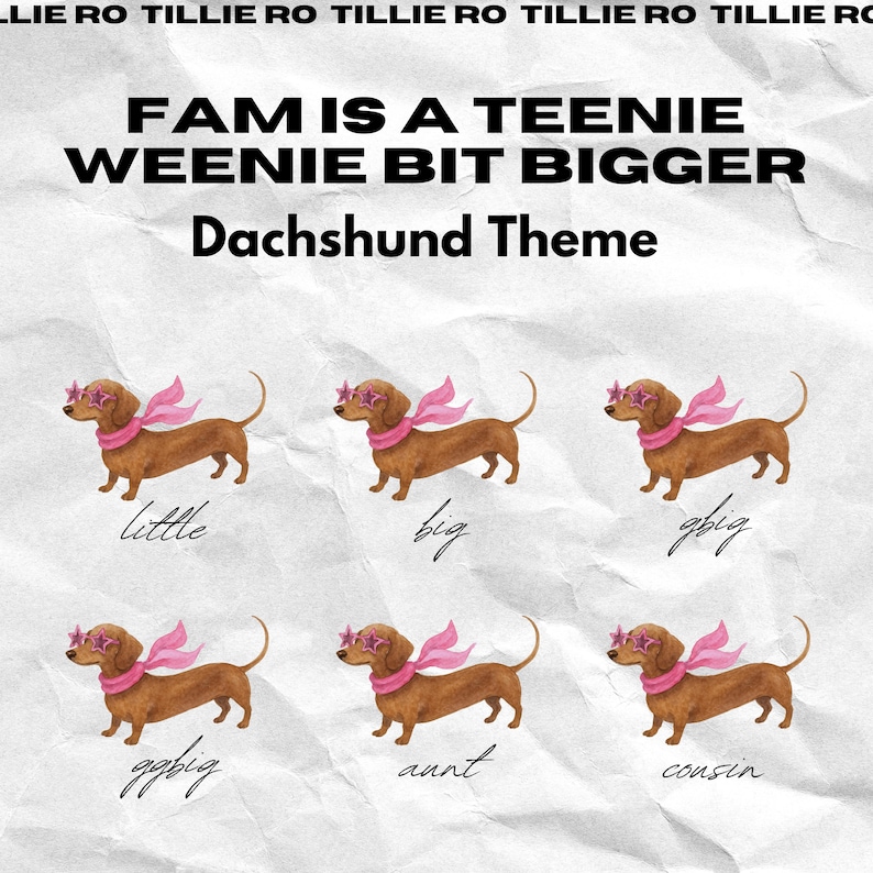 May include: An illustration with six dachshunds, each with star-shaped sunglasses and a pink scarf. The text reads "FAM IS A TEENIE WEENIE BIT BIGGER Dachshund Theme". Words like "little" and "cousin" are written below the dogs.