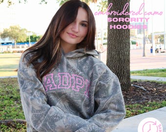 Camo Embroidered Sorority Hoodie // Camouflage Embroidered Sorority Hoodie // Trendy, Stringless Hoodie, Aesthetic Greek Hooded Sweatshirt