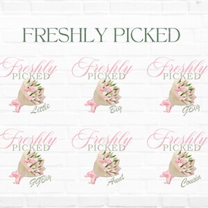 May include: Six pink and white flower bouquets with the text "Freshly Picked" above each bouquet. The bouquets are labeled "Little", "Big", "Big", "GG Big", "Aunt", and "Cousin".
