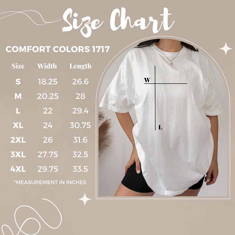 Puede incluir: Una tabla de tallas para la camiseta Comfort Colors 1717. La tabla enumera las tallas de S a 4XL con las medidas de ancho y largo en pulgadas. Un gr&aacute;fico muestra una camiseta blanca con l&iacute;neas negras W y L que indican los puntos de medida.