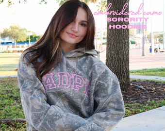 Camo Embroidered Sorority Hoodie // Camouflage Embroidered Sorority Hoodie // Trendy, Stringless Hoodie, Aesthetic Greek Hooded Sweatshirt