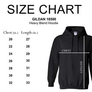 May include: Size chart for Gildan 18500 Heavy Blend Hoodie. The chart shows chest and length measurements in inches for sizes S through 4XL.