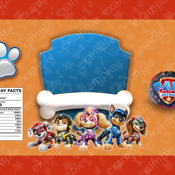 Paw Patrol theme chip bags and water bottle labels for kids birthday parties