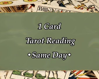 May include: A tarot card reading service offering a one-card reading on the same day. The image shows a pile of vintage tarot cards with the text "1 Card Tarot Reading - Same Day" on a green background.