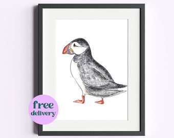 Puffin Line Art Print in A4 - A6, 11x14, 8x8, 8x10 & 5x7” Sizes | Coastal Bird Lover Wall Decor | Puffin Gifts | Coastal Themed Prints