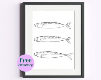 Mackerel Fish Line Art in A3-A6, 5x7, 8x8, 8x10 & 11x14" | Modern Seafood Wall Print for Kitchen/Dining Room | Coastal Home Decor - Mackerel