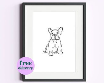 May include: Black and white line art print of a French bulldog sitting in a black frame. The print is on white paper and has a white mat. The frame is on a white wall. The text "free delivery" is on a pink circle.
