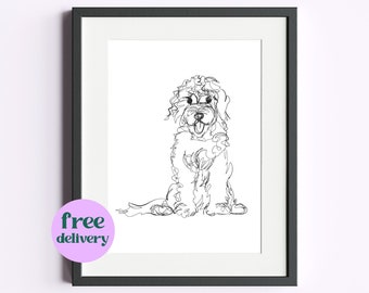 Puede incluir: Dibujo lineal en blanco y negro enmarcado de un perro. El perro está sentado con la lengua fuera. La obra de arte está en un marco negro con un passe-partout blanco. Una pegatina morada y blanca con "entrega gratuita" está en la esquina inferior izquierda.