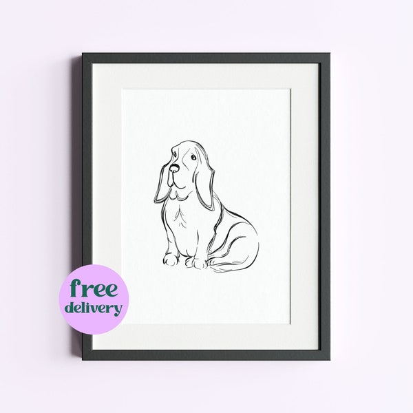 Basset Hound Line Art Print in A3-A6, 5x7”, 8x10”, Square and 11x14” Size | Basset Hound Gift Ideas | Minimalist Dog Wall Art