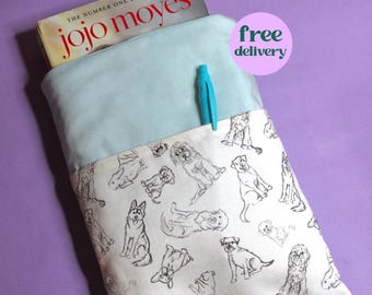 Dog Book Sleeve with Pocket | Hand Illustrated Dog Print Book Cover, Ideal Reading Accessory and Bookish Gift Idea