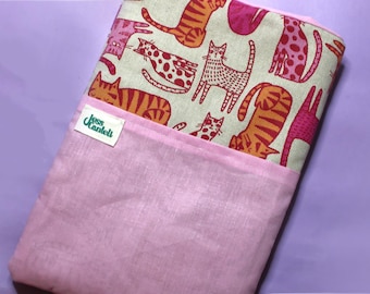 Cat Book Sleeve with Pocket in Pink Fabric | Cat Print Book Sleeve/Kindle Cosy, Ideal Reading Accessory and Bookish Gift Idea