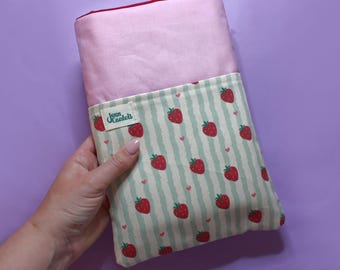 Strawberry Stripe Book Sleeve | Handmade Book Cosy for iPad/Kindle | Cute Strawberry Book Cover, Ideal Reading Accessory & Bookish Gift Idea