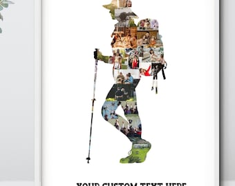 May include: A white framed print featuring a silhouette of a hiker with a backpack, created from a photo collage. The text "YOUR CUSTOM TEXT HERE" is at the bottom of the print.